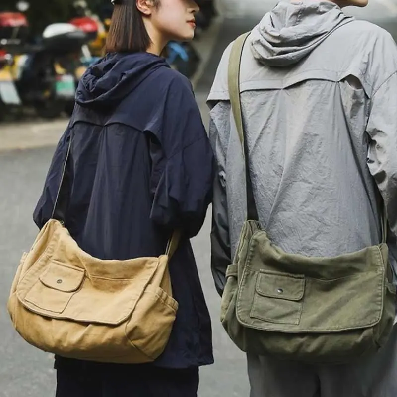 Casual Canvas Messenger Bag Versatile Flip Large Capacity Shoulder Book Bag For Student Adjustable Crossbody Bag For Men Women