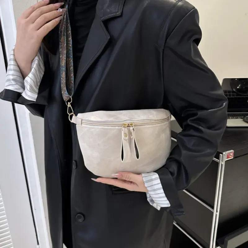 Retro Stylish Wide Strap Chest Bag PU Leather Spacious Zipper Design Shoulder Bag Solid Color Women’s Waist Bags for Daily Use