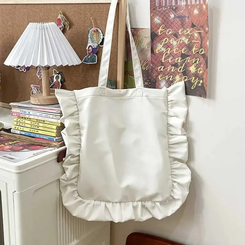 Vintage Women Tote Bags French Style Ruffles Elegant Sac A Main Female Handbags Large Capacity Light Thin Shoulder Bolso Mujer
