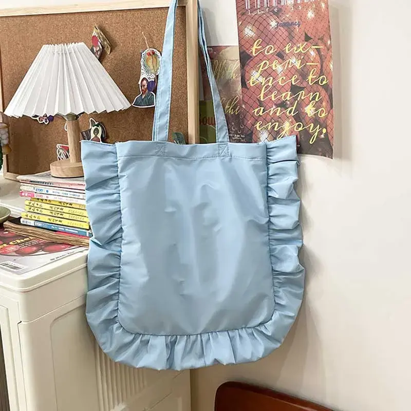 Vintage Women Tote Bags French Style Ruffles Elegant Sac A Main Female Handbags Large Capacity Light Thin Shoulder Bolso Mujer