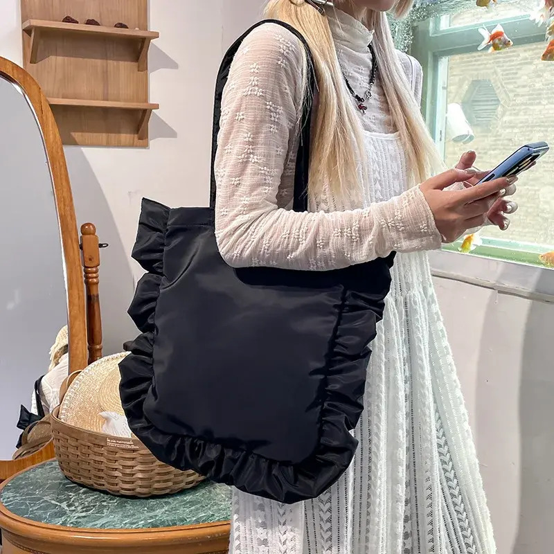 Vintage Women Tote Bags French Style Ruffles Elegant Sac A Main Female Handbags Large Capacity Light Thin Shoulder Bolso Mujer