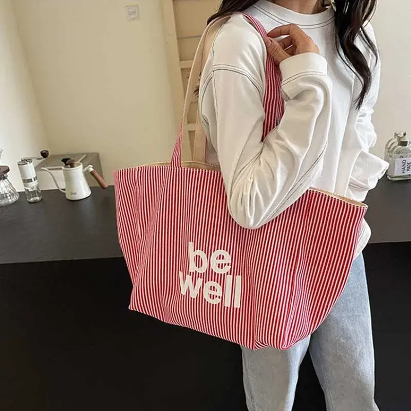 Casual Large Stripe Women's Shoulder Bag 2025 New Fashion Commuter Tote Bag High Capaci Canvas Handbag for Youth bolso mujer