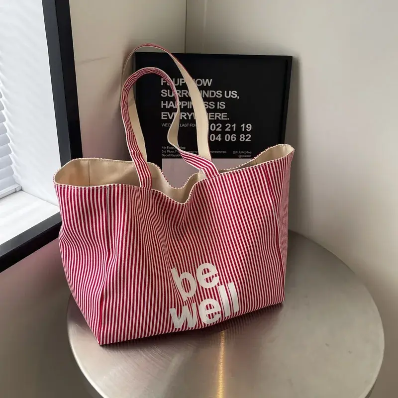 Casual Large Stripe Women's Shoulder Bag 2025 New Fashion Commuter Tote Bag High Capaci Canvas Handbag for Youth bolso mujer