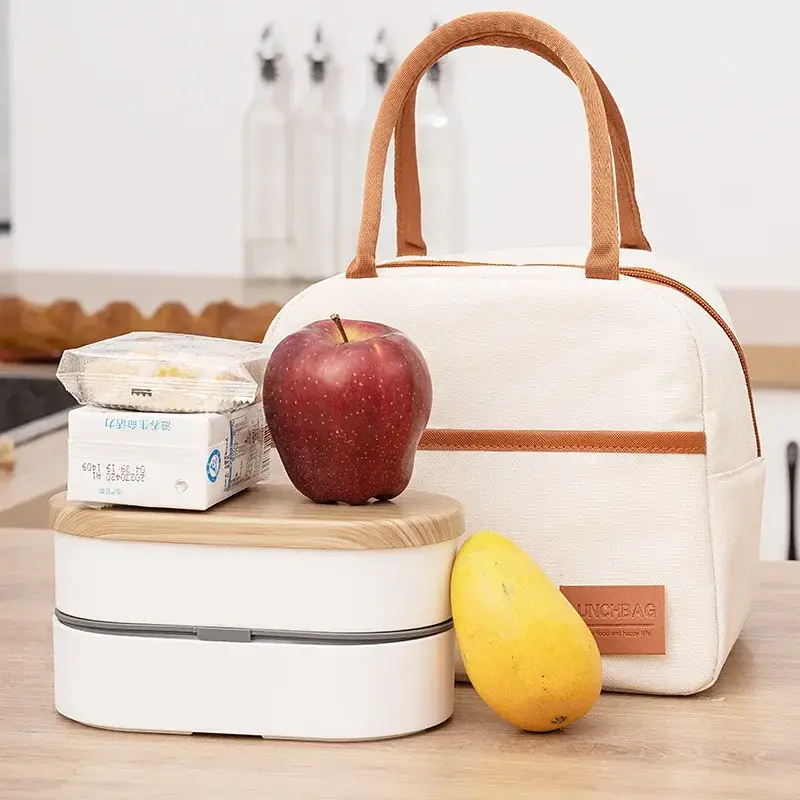 4 Shapes Beige Simple Lunch Bags Girls Large-capacity Japanese Bento Bag Insulated Thermal Portable for Travel Picnic Lunch Box