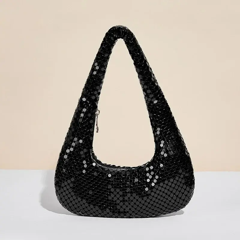 Women's Evening Bag Aluminum Sequin Armpit Bag with Zipper Lightweight Casual Handbag Party Sparkling Shoulder Mobile Phone Bag