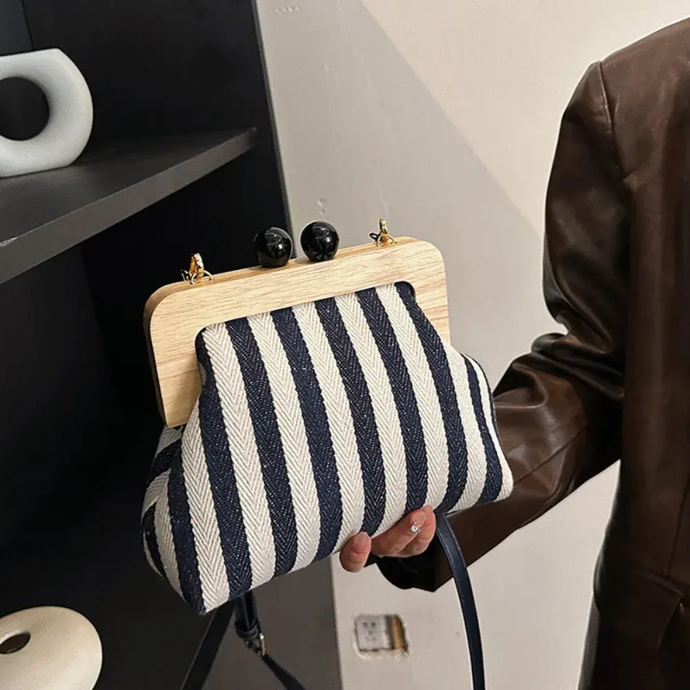 Retro Striped Wooden Clip Shell Bags for Women Messenger Bag Canvas Bead Shoulder Crossbody Bags Ladies Clutch Purse Bolsa Mujer