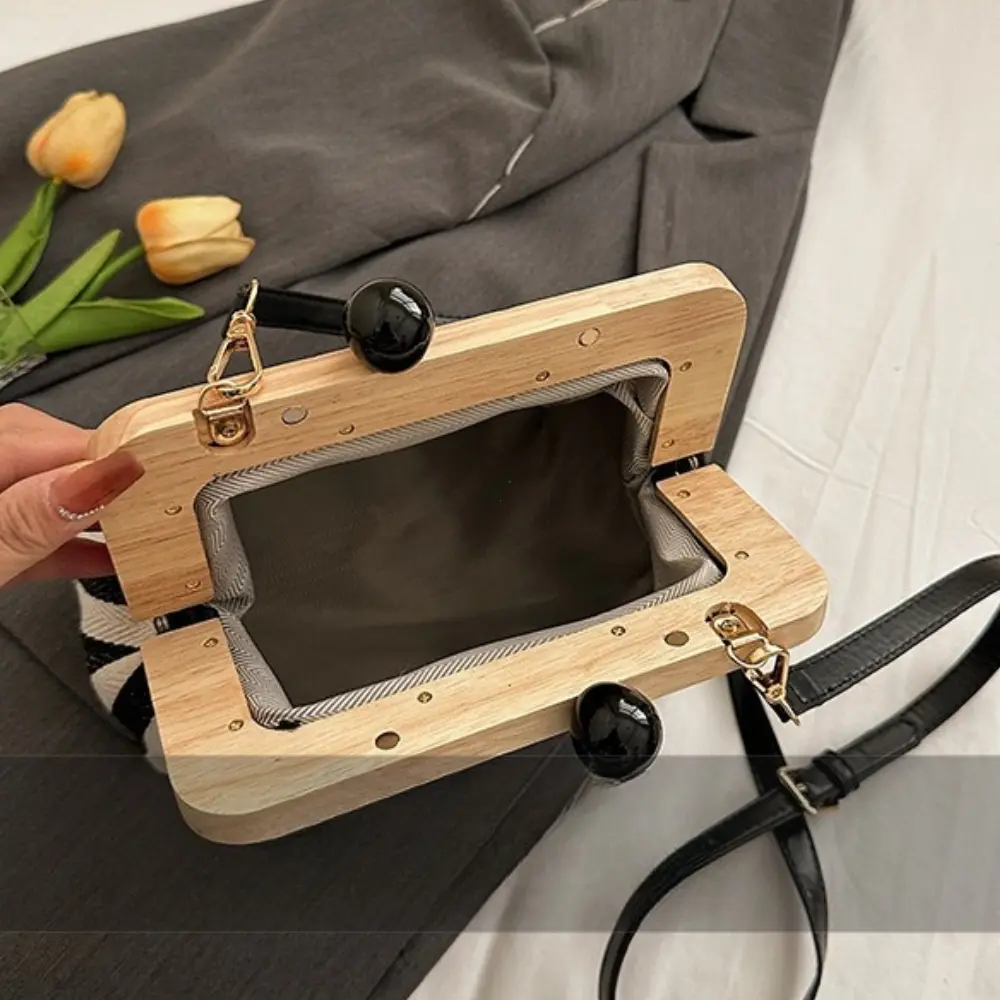 Retro Striped Wooden Clip Shell Bags for Women Messenger Bag Canvas Bead Shoulder Crossbody Bags Ladies Clutch Purse Bolsa Mujer