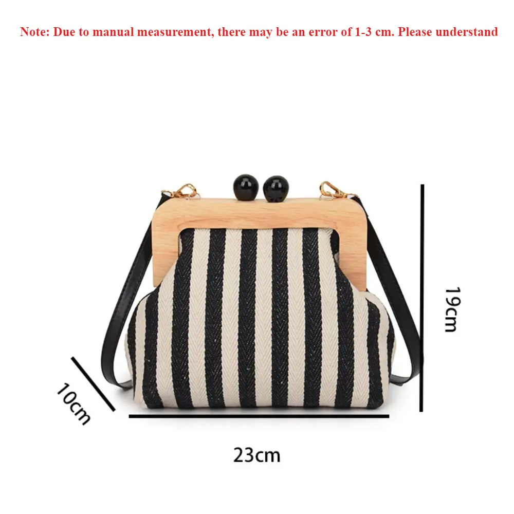 Retro Striped Wooden Clip Shell Bags for Women Messenger Bag Canvas Bead Shoulder Crossbody Bags Ladies Clutch Purse Bolsa Mujer