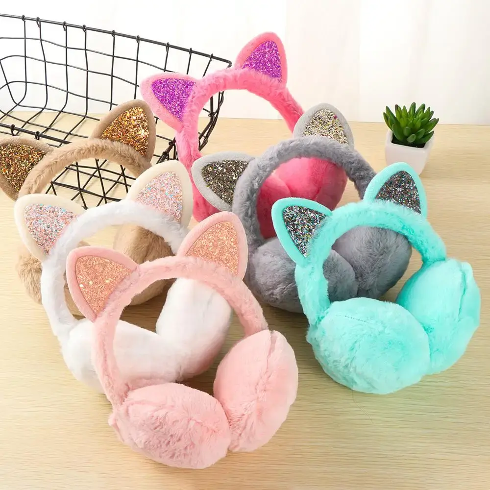 New Sequin Plush Winter Warm Earmuffs Women Girls Cat Ears Fluffy Earflap Warmers Outdoor Earmuffs Fluffy Earflap Headband