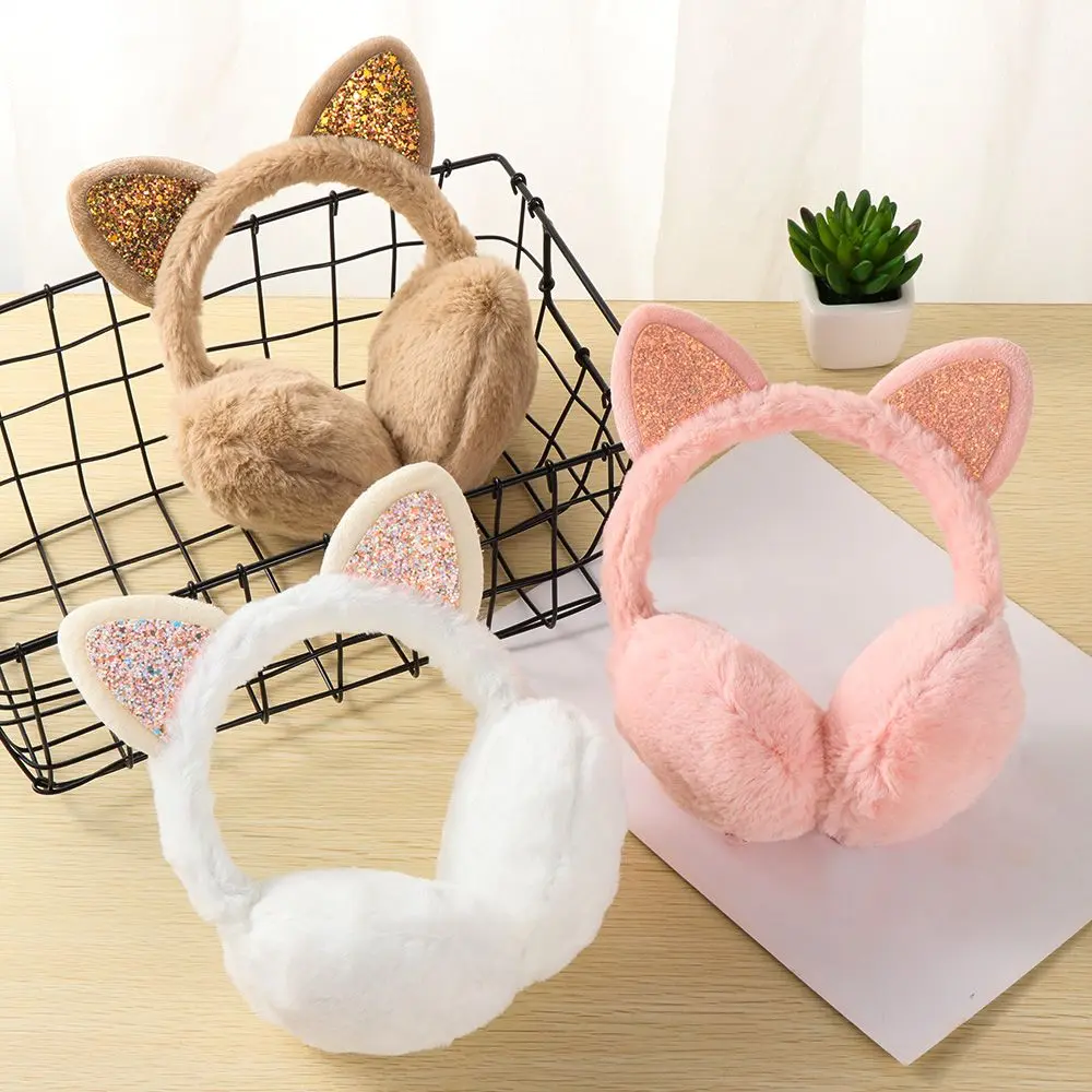 New Sequin Plush Winter Warm Earmuffs Women Girls Cat Ears Fluffy Earflap Warmers Outdoor Earmuffs Fluffy Earflap Headband