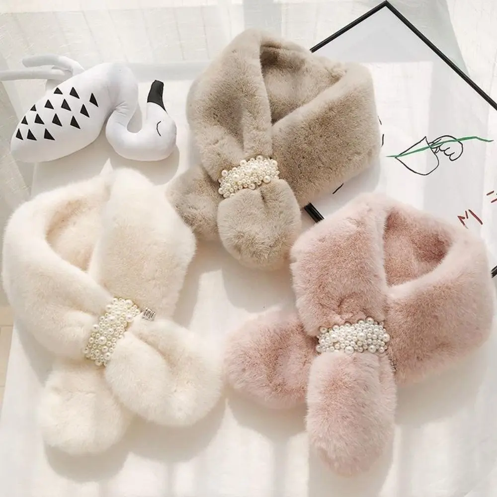 Winter Warm Thicken Pearl Cross Collar Scarf  Women Solid Color Faux Rabbit Fur Plush Elegant Shawl Scarfs Neck Warmer