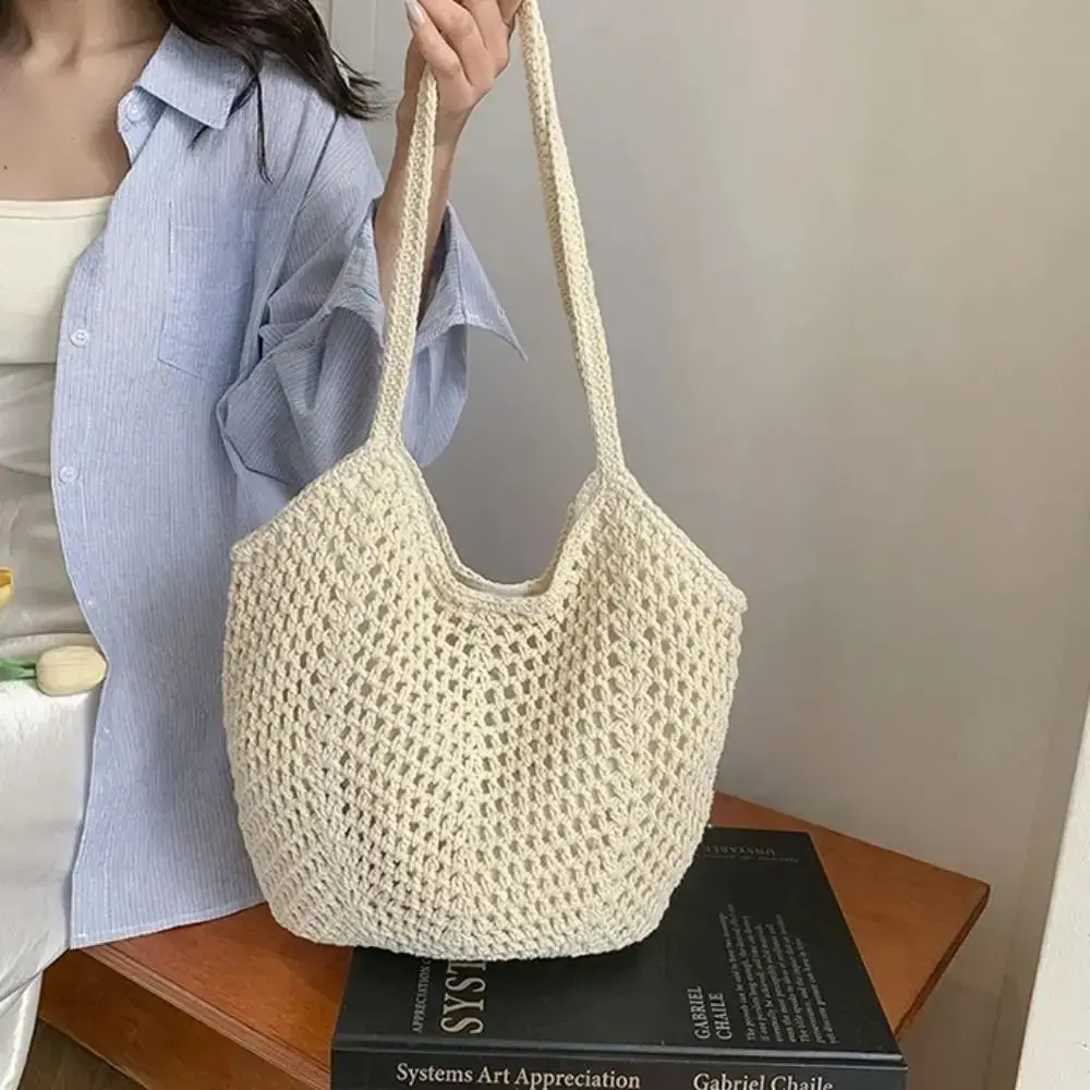 Casual Large Capacity Woven Shoulder Bag Knitted Hollow Out Beach Straw Bag Handmade Crochet Tote Bag Summer Underarm Bag
