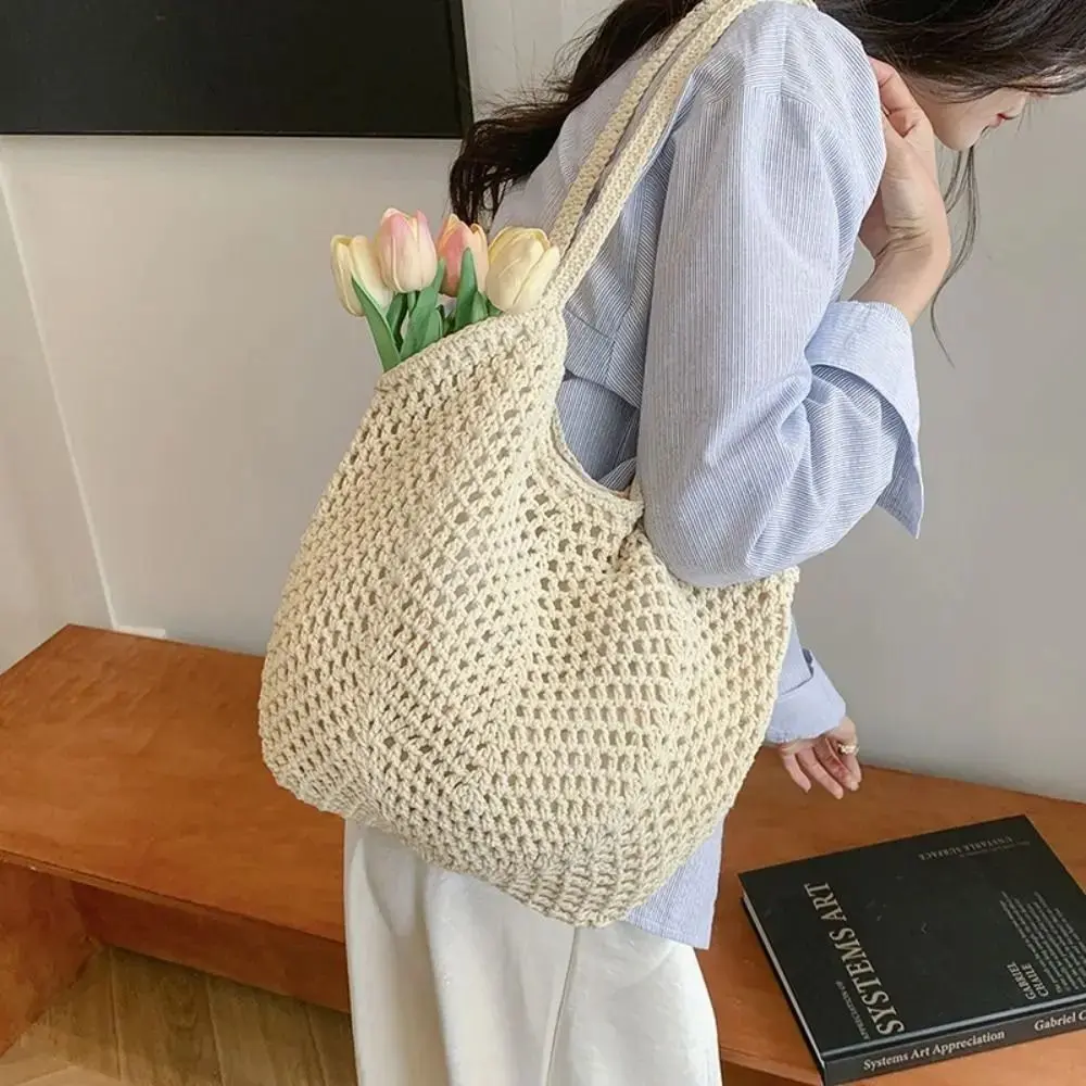 Casual Large Capacity Woven Shoulder Bag Knitted Hollow Out Beach Straw Bag Handmade Crochet Tote Bag Summer Underarm Bag