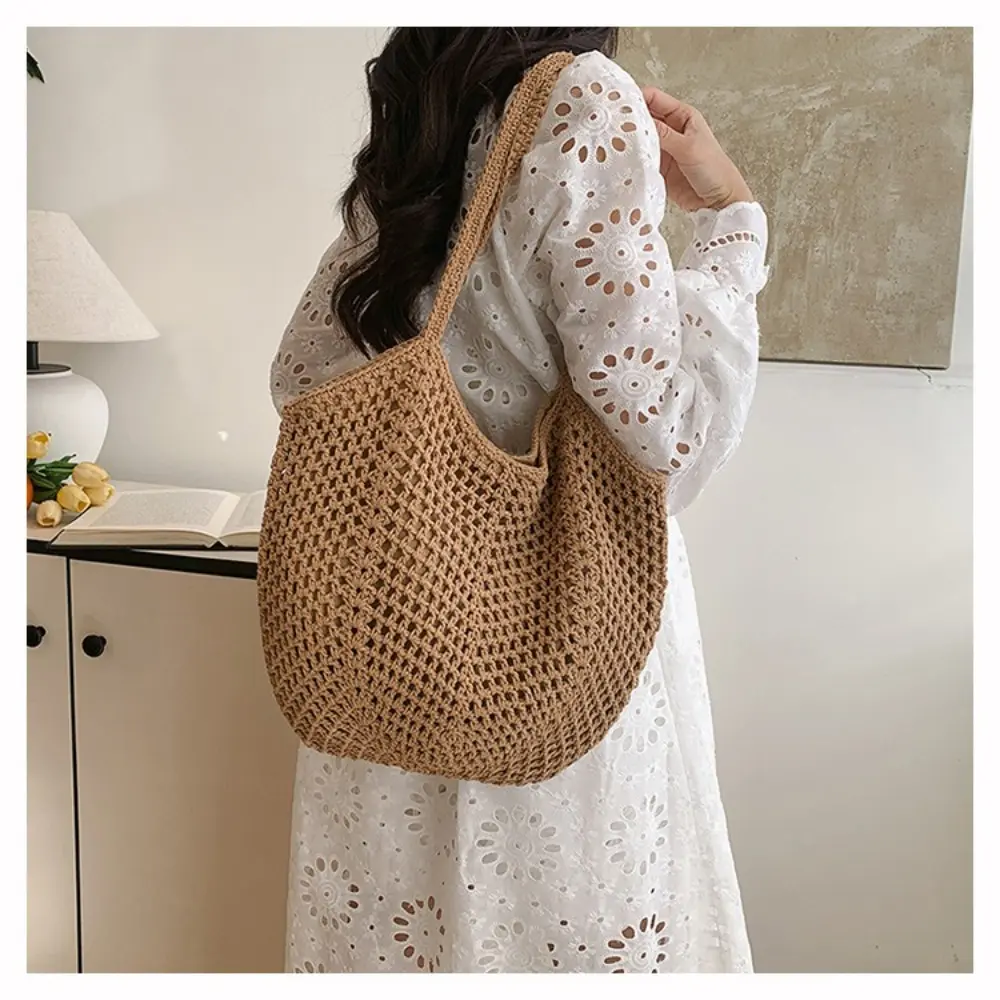 Casual Large Capacity Woven Shoulder Bag Knitted Hollow Out Beach Straw Bag Handmade Crochet Tote Bag Summer Underarm Bag