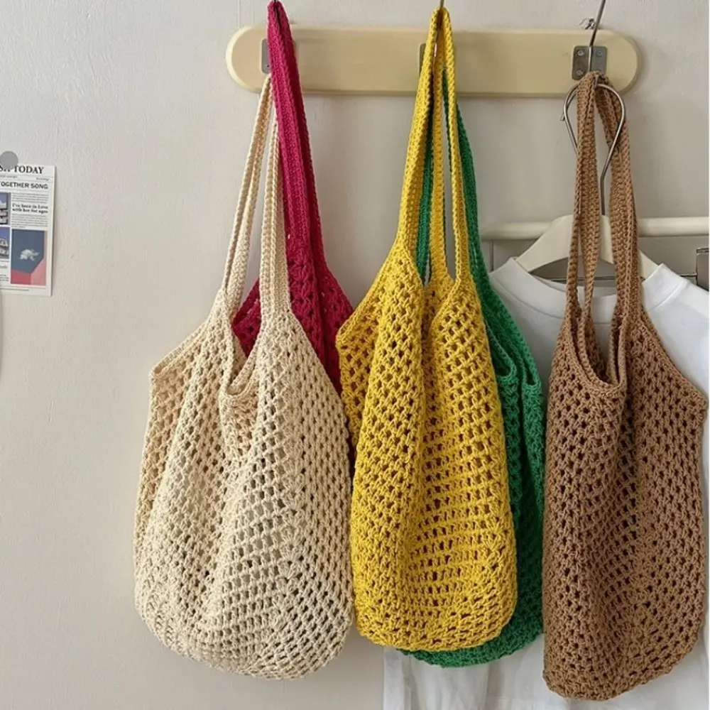 Casual Large Capacity Woven Shoulder Bag Knitted Hollow Out Beach Straw Bag Handmade Crochet Tote Bag Summer Underarm Bag
