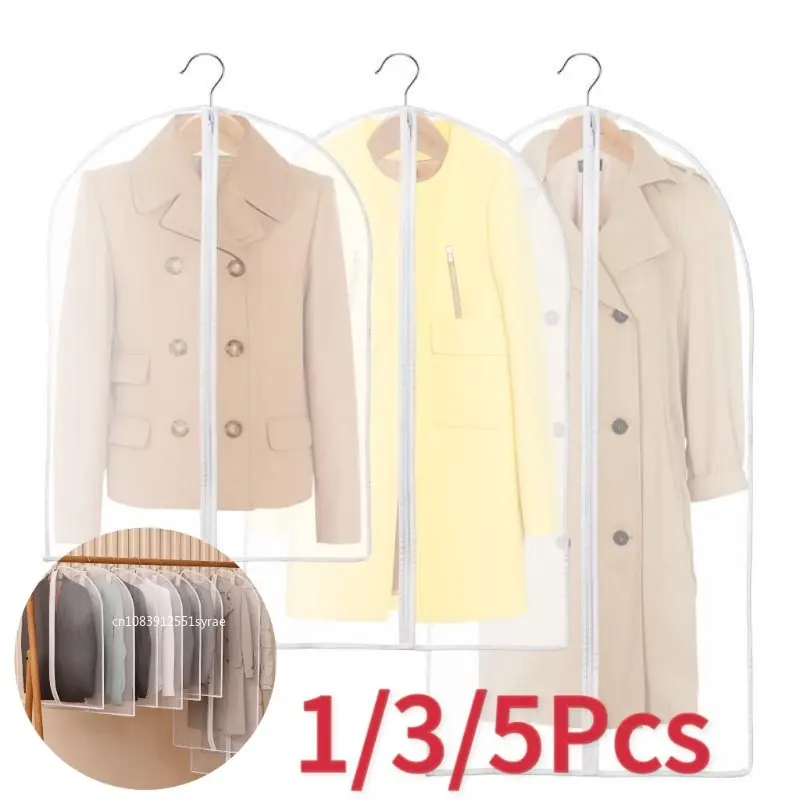 1/3/5pc Clothes Dust Cover Bag With Zipper Coat Plastic Hanging Storage Bag Household Space Saving Storage Organization For Home