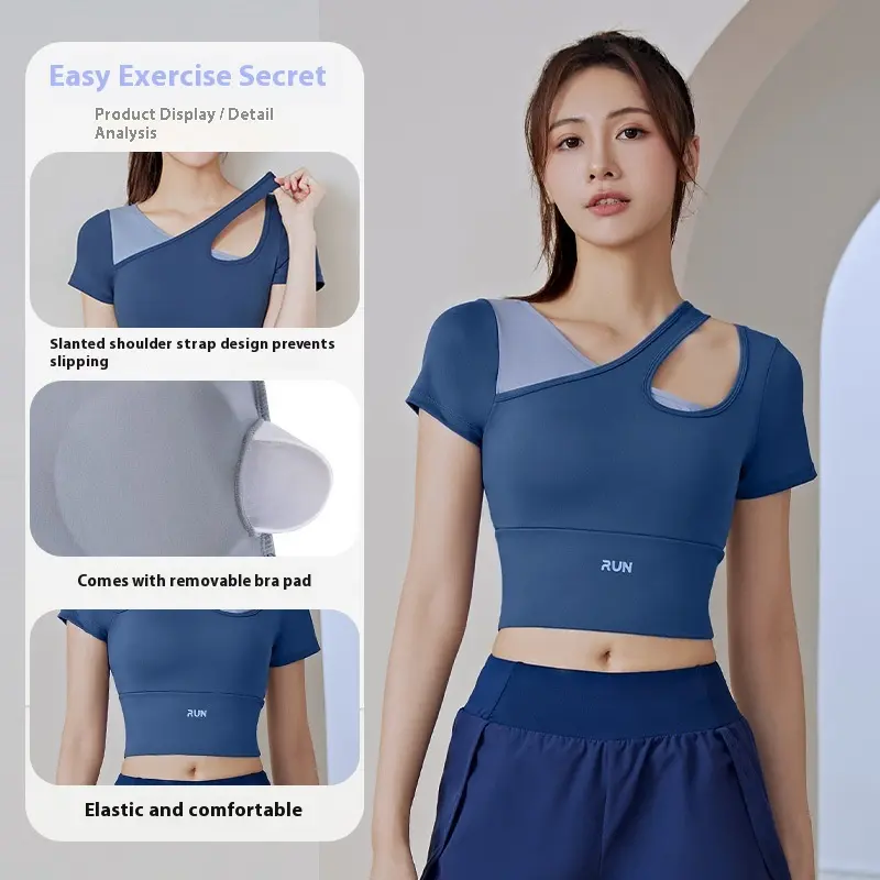 Peach slanted shoulder color matching yoga short-sleeved fitness nude with chest pad sports top women's fitness homme