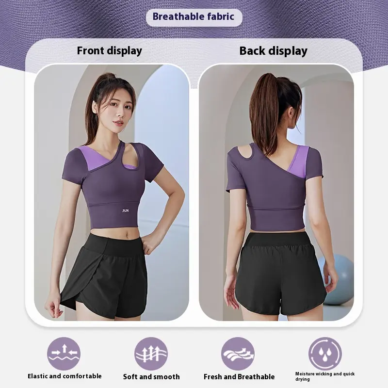 Peach slanted shoulder color matching yoga short-sleeved fitness nude with chest pad sports top women's fitness homme