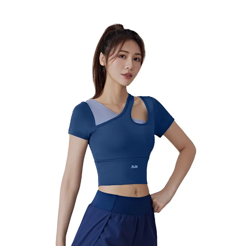 Peach slanted shoulder color matching yoga short-sleeved fitness nude with chest pad sports top women's fitness homme