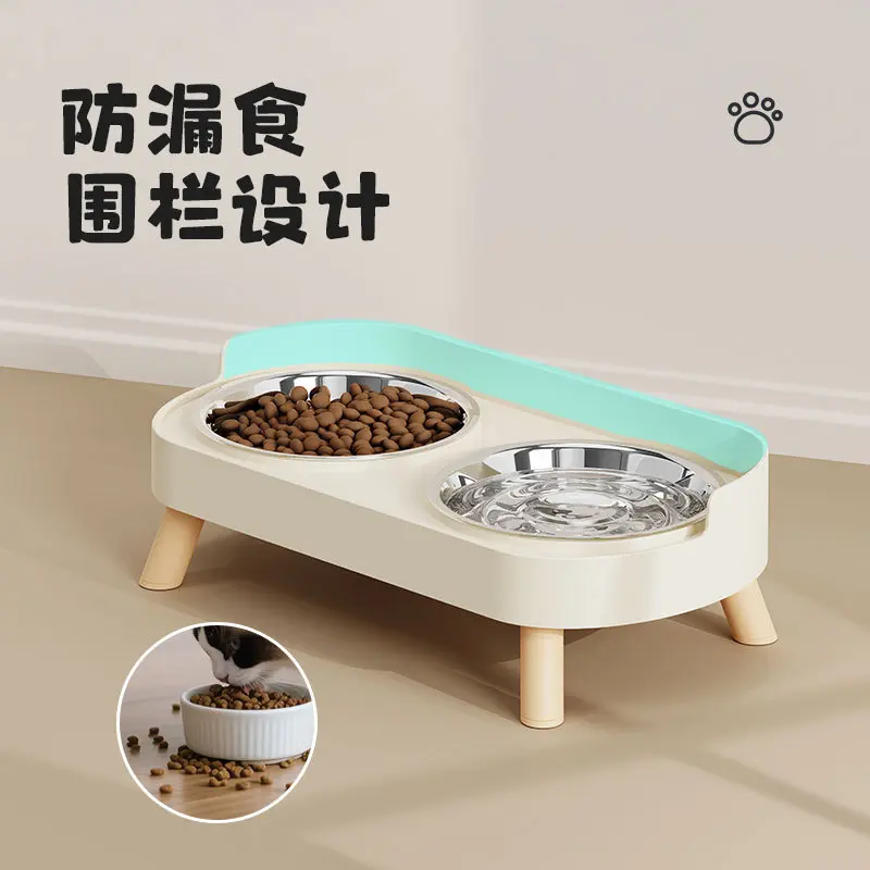 overturn neck protector double bowl drinking water and eating integrated double bowl pet stainless steel feeding bowl cat feeder