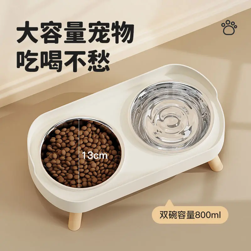 overturn neck protector double bowl drinking water and eating integrated double bowl pet stainless steel feeding bowl cat feeder