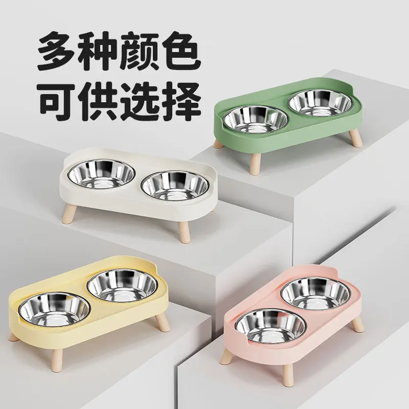 overturn neck protector double bowl drinking water and eating integrated double bowl pet stainless steel feeding bowl cat feeder