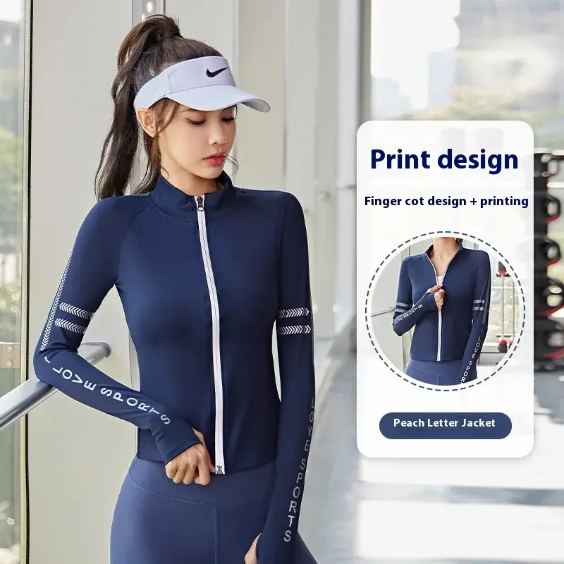 Juyatang letter print yoga jacket stand-up collar nude breathable fitness top fashion sports jacket