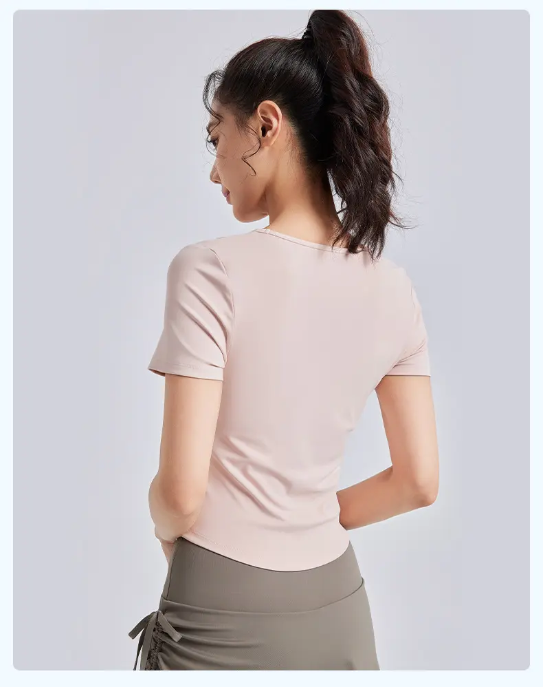 Juyitang Skinny Wrinkle Yoga Clothing Women's One Cup with Chest Pad Sports Fitness Top Short Sleeve Summer