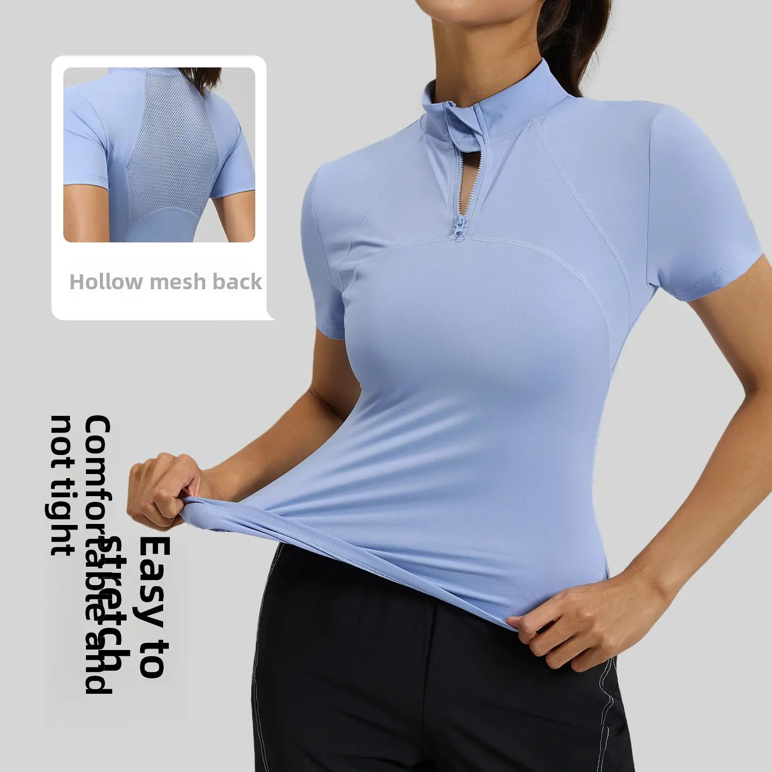Juyitang summer new outdoor running yoga short-sleeved T-shirt women's semi-zipper thin high-elastic fitness wear top