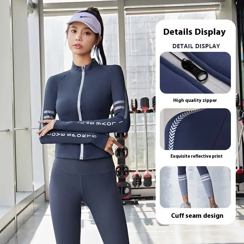 Juyatang letter print yoga jacket stand-up collar nude breathable fitness top fashion sports jacket