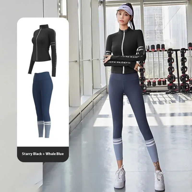 Juyatang letter print yoga jacket stand-up collar nude breathable fitness top fashion sports jacket