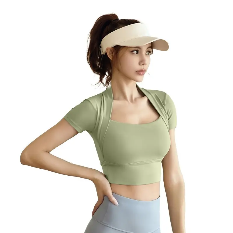 Juyatang Shawl Yoga Short Sleeve High Elastic Naked Skinny Yoga Clothing Top No Bra Fitness Clothing