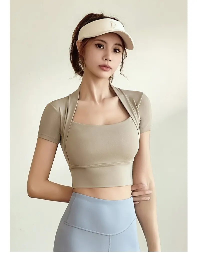 Juyatang Shawl Yoga Short Sleeve High Elastic Naked Skinny Yoga Clothing Top No Bra Fitness Clothing