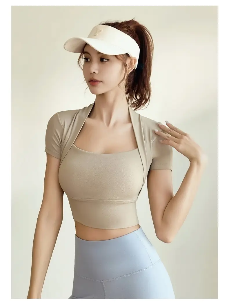 Juyatang Shawl Yoga Short Sleeve High Elastic Naked Skinny Yoga Clothing Top No Bra Fitness Clothing