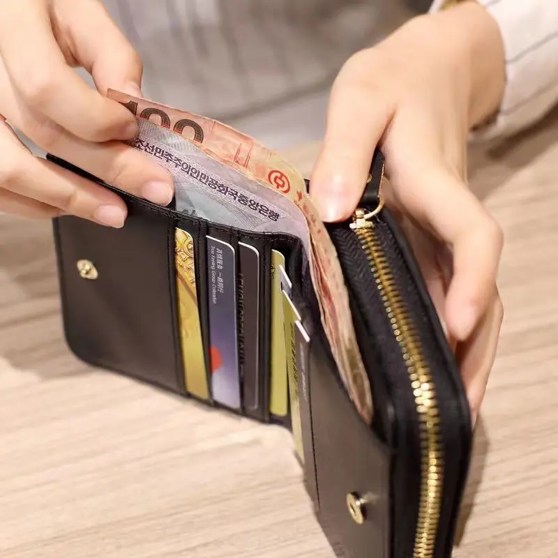 New wallet female Korean version simple mini plaid purse high school retro short coin purse card bag multi-card clutch bag