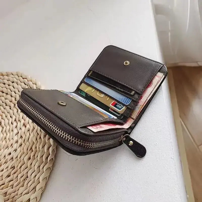 New wallet female Korean version simple mini plaid purse high school retro short coin purse card bag multi-card clutch bag