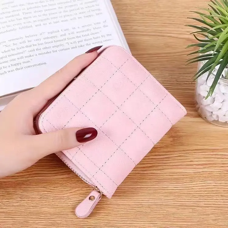New wallet female Korean version simple mini plaid purse high school retro short coin purse card bag multi-card clutch bag