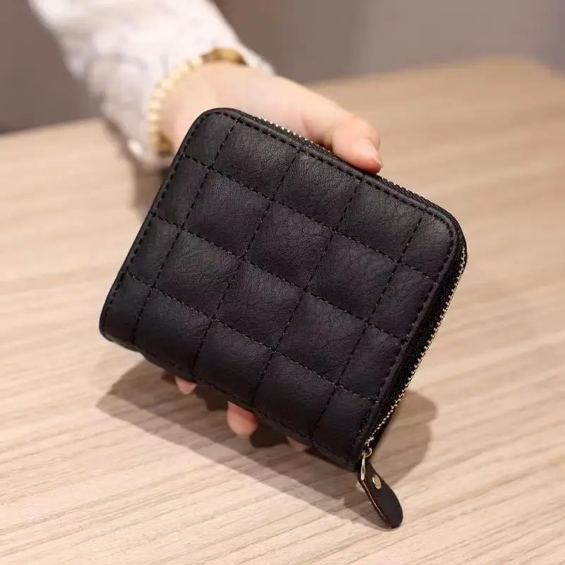 New wallet female Korean version simple mini plaid purse high school retro short coin purse card bag multi-card clutch bag