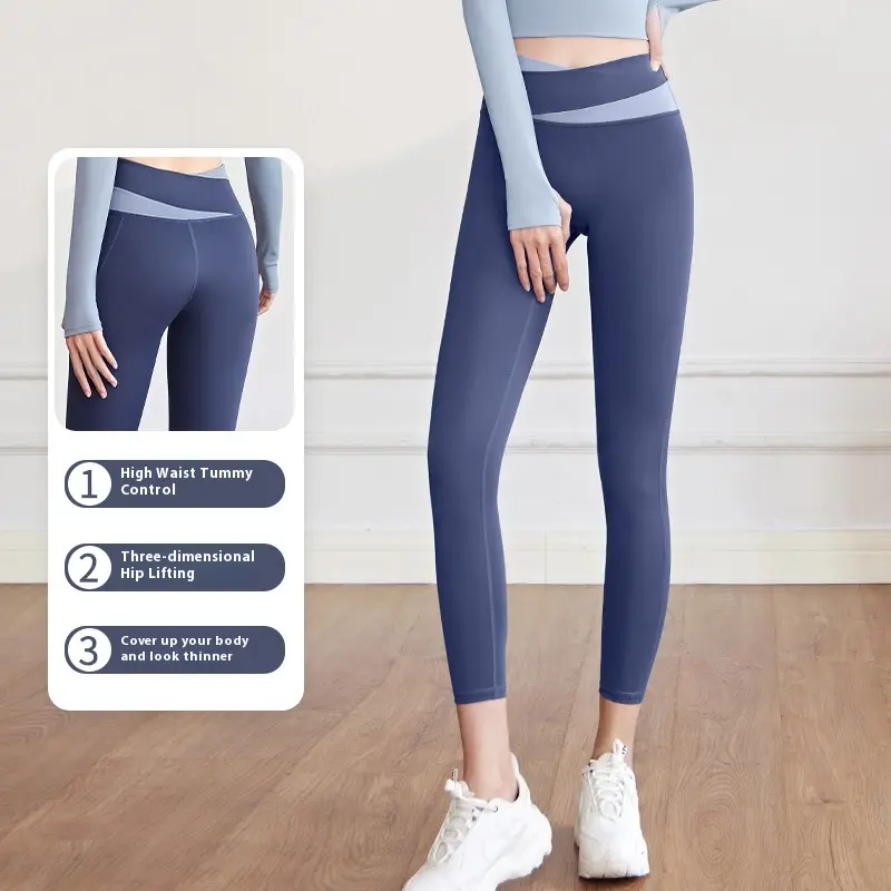 Juyatang thin velvet color matching yoga pants high waist hip lift fitness elastic fitness trousers