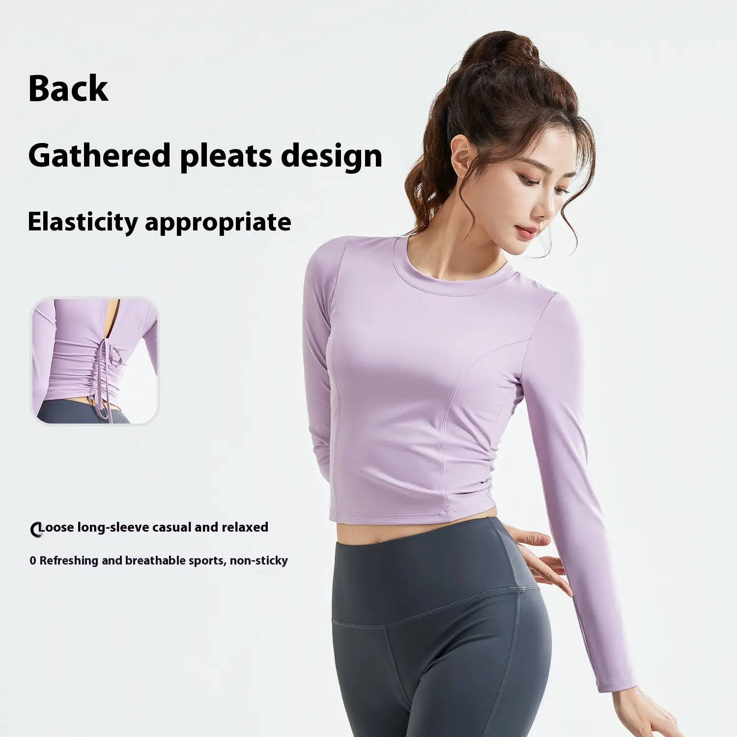 Juyitang's new beautiful back yoga clothes women's pleated slim fitness tops come with chest pads, running sports long sleeves