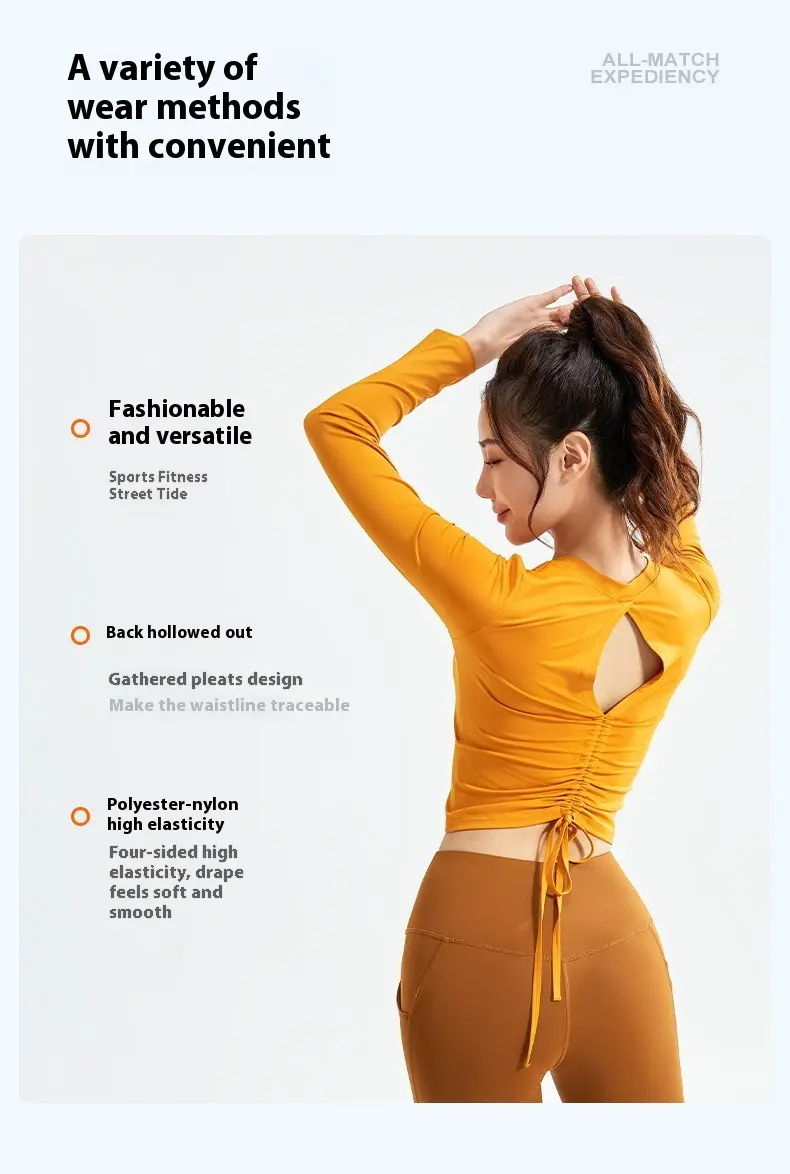 Juyitang's new beautiful back yoga clothes women's pleated slim fitness tops come with chest pads, running sports long sleeves