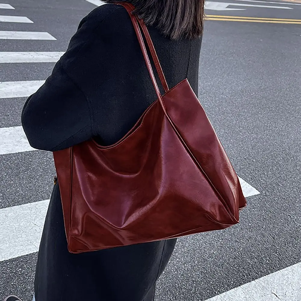 Fashion PU Tote Bag Vintage All-match Large Capacity Commuting Bag Shoulder Bag Daily Life Shopping Bag