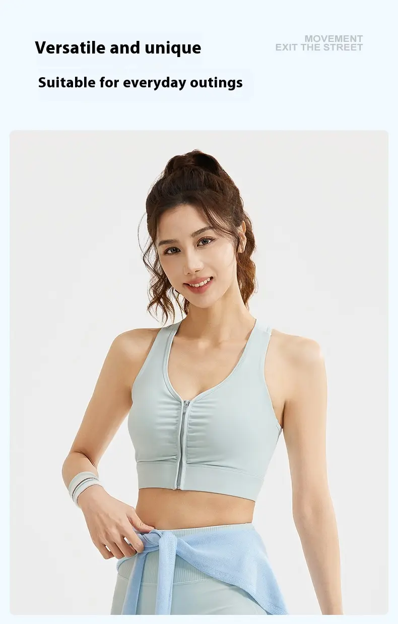 Clothes hall front zipper wrinkled sports bra women's summer shock-proof gathering running training gym sports underwear