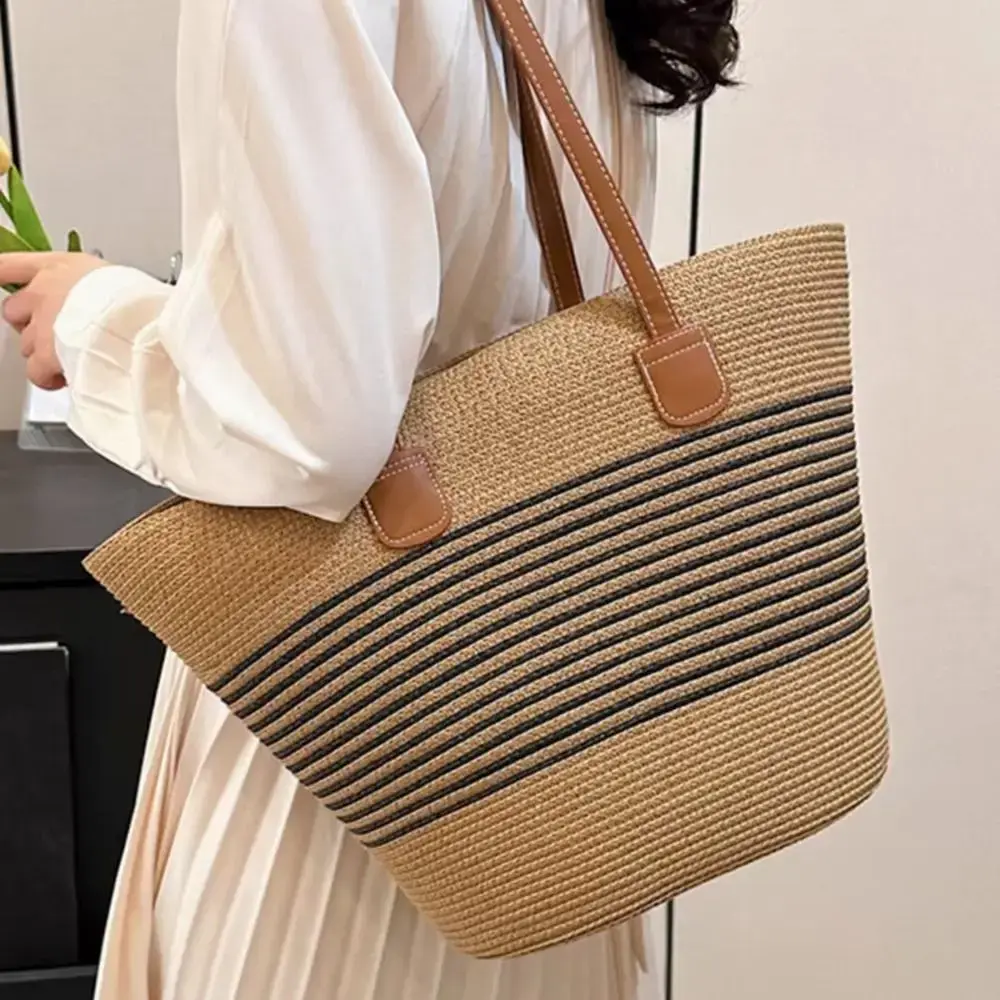 Fashion Straw Tote Bag Large Capacity Square Stripe Woven Shoulder Bag Underarm Bag Casual Summer Women's Vacation Beach Bag