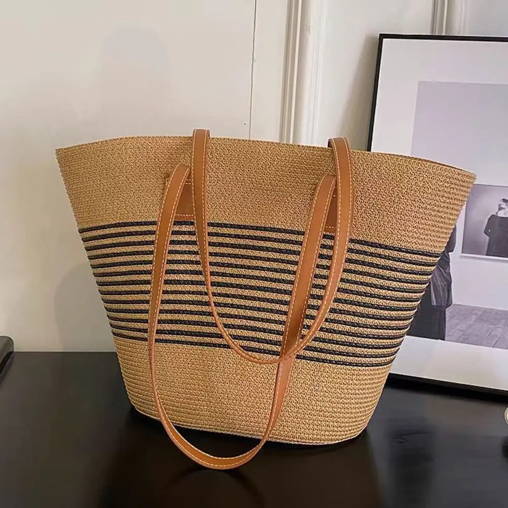 Fashion Straw Tote Bag Large Capacity Square Stripe Woven Shoulder Bag Underarm Bag Casual Summer Women's Vacation Beach Bag