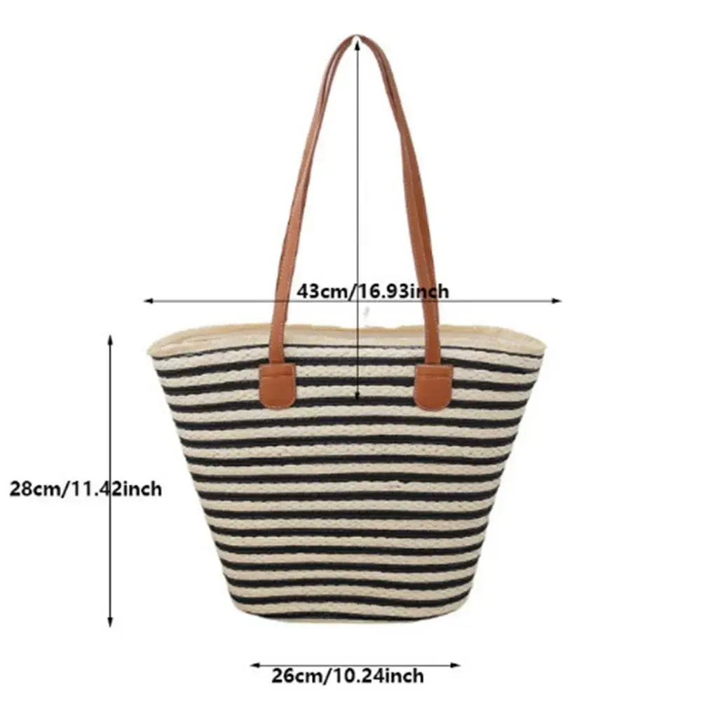 Fashion Straw Tote Bag Large Capacity Square Stripe Woven Shoulder Bag Underarm Bag Casual Summer Women's Vacation Beach Bag