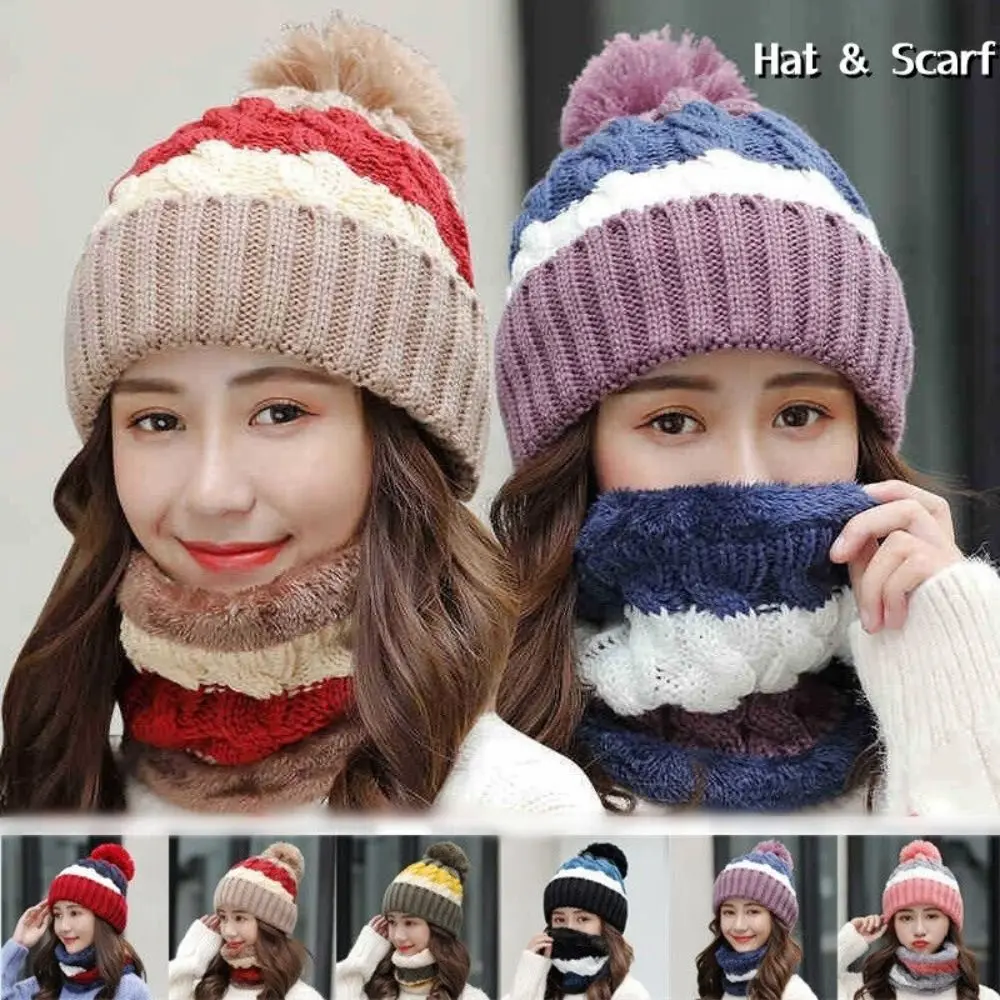 2PCS/Set Winter Women Wooly Thick Knit Woollen Hat And Scarf Set knitted Cap Neck Protection Windproof Hat