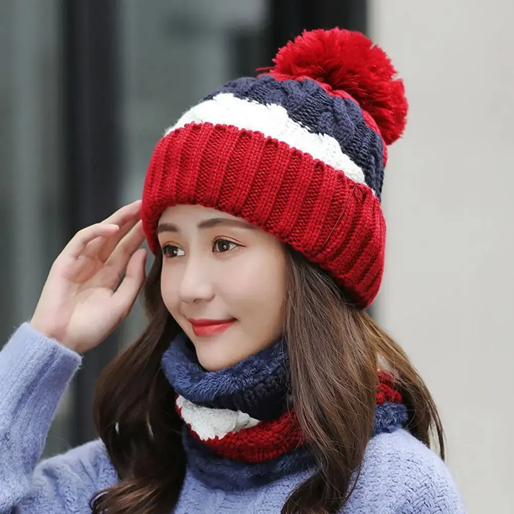 2PCS/Set Winter Women Wooly Thick Knit Woollen Hat And Scarf Set knitted Cap Neck Protection Windproof Hat