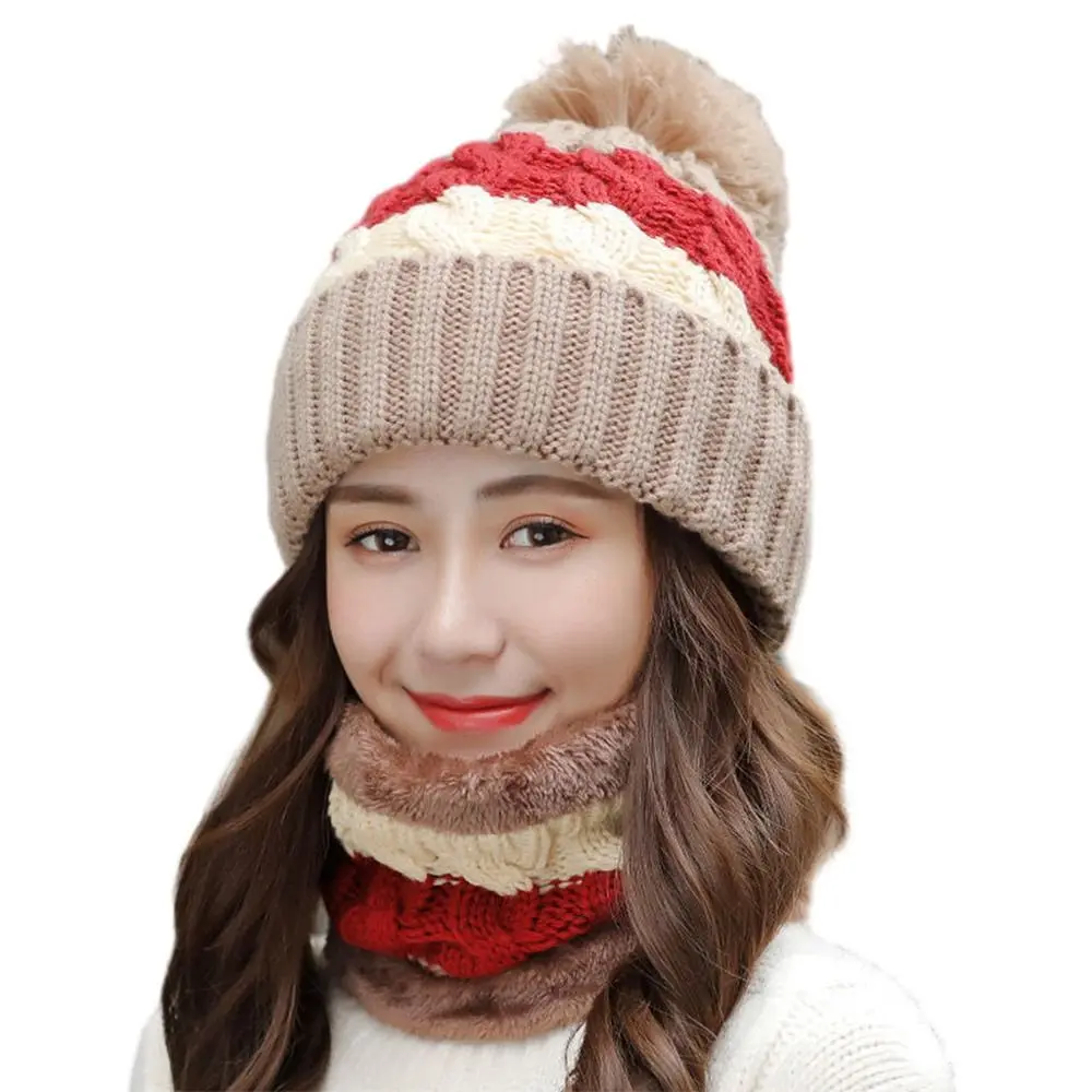 2PCS/Set Winter Women Wooly Thick Knit Woollen Hat And Scarf Set knitted Cap Neck Protection Windproof Hat