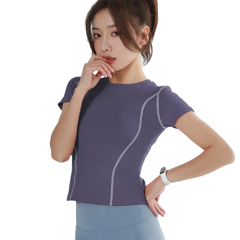 Juyitang Short Sleeve Yoga Top Double Arc Slim Fit Skinny Breathable Running Fitness Clothing Women's T-Shirt
